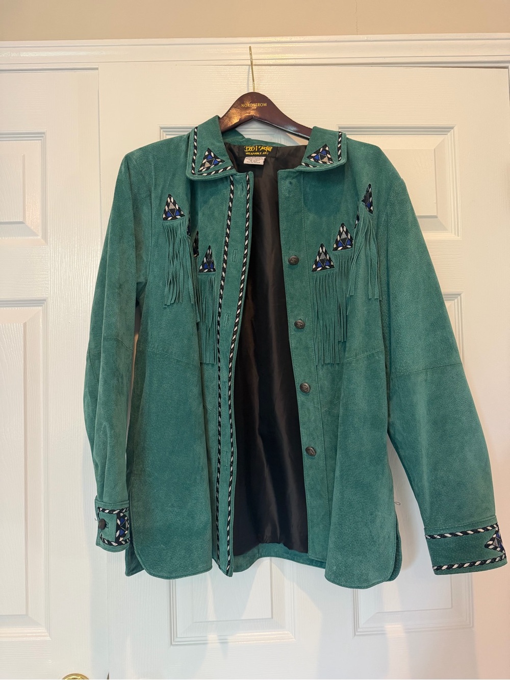 VTG Bob Mackie Wearable Art Teal Suede Leather Fringe Western Jacket Size L